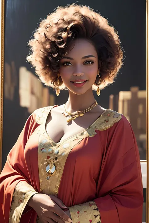 ((best quality)), ((masterpiece)), ((realistic)), vintage Afro-Caribbean woman, elegant attire, 1950s fashion, radiant smile, confident stance, cultural pride, (oil painting:1.2), (Lois Mailou Jones:1.1), (Kadir Nelson:1.1), vivid colors, nostalgic background, authentic vintage feel, (portrait composition:1.3), (high-resolution:1.2)