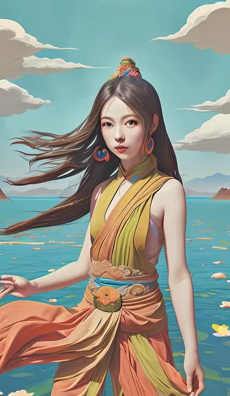 DUNHUANG,DUNHUANG BACKGROUND,DUNHUANG FACE,(masterpiece, best quality:1.3), (flat color:1.3),(colorful:1.3),looking at viewer,1girl,solo,floating colorful water,(2D:1.3)