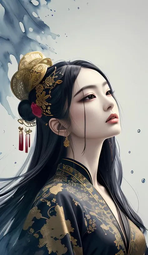 dramatic angle,(fluttered detailed ink splashs), (illustration),(((1 girl))),(long hair),(rain:0.6),(expressionless ,hair ornament:1.4),there is an ancient palace beside the girl,chinese clothes,(focus on), color Ink wash painting,(ink splashing),color splashing,((colorful)),[sketch], Masterpiece,best quality, beautifully painted,highly detailed,(denoising:0.7),[splash ink],yin yang