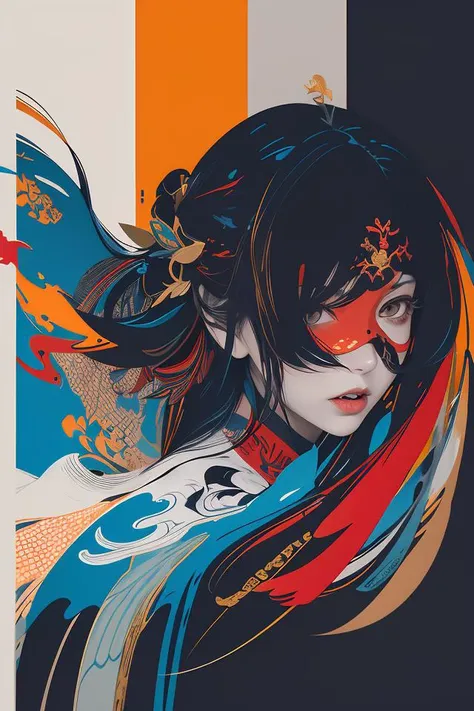 Abstract, 8K, photo shot from front, mid-body portrait, highly-detailed, (flat color:1.1),(colorful:1.3),(masterpiece:1.2), best quality, masterpiece, original, extremely detailed wallpaper, looking at viewer,
oriental architecture,a lot of details,mysterious expression, in a modern and abstract setting, with bold and colorful abstract art, blurred background, bright lighting,