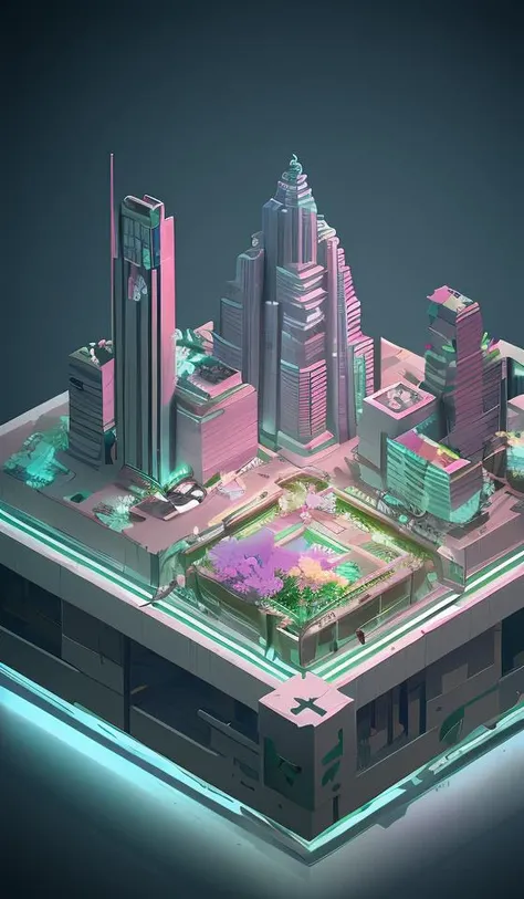 dskise, (isometric) , (flower), (vaporwave), isometric cutaway of a crystalized dilapidated city, cityscape, volumetric lighting ,FXAA, Chromatic Aberration, Concept Art, 8k Concept Art, Greg Rutowski, (unreal engine), octane render, dskise