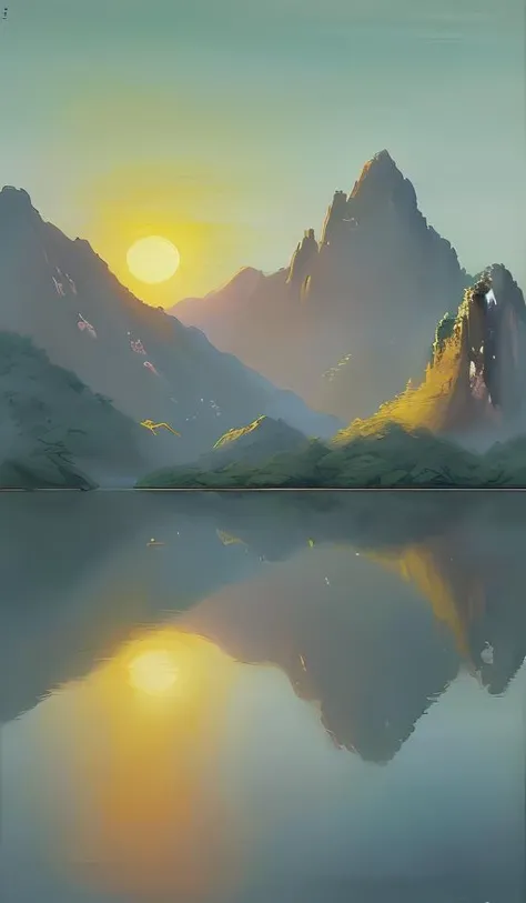 guofeng,chinese style,((summer, Huangshan National Park,painting antient arts style,traditional Chinese painting,painting lake and mountain landscape, mountain reflection on lake surface)),Painting,Volumetric sun Lighting,((high quality:1.2, masterpiece:1.2)),oil landscape,extreme wide perfect composition,(("Mysterious, Enigmatic and Intriguing landscape")),