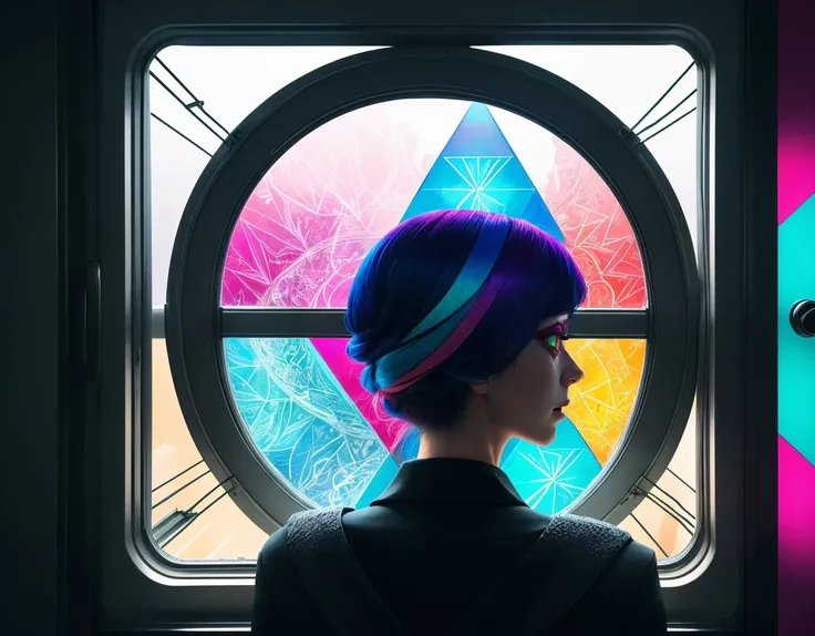 three cornered window, back of head shot of (woman looking out of triangle window:1.1), 3rd person, Looking out the triangular window of a (train:1.1) with triangular windows, triangular windows and triangular, wheels, in a fantasy world,
psychedelic, geometric, vivid light, high contrast, triadic colors, dark shadows,
(beautiful composition),
21 yo woman,