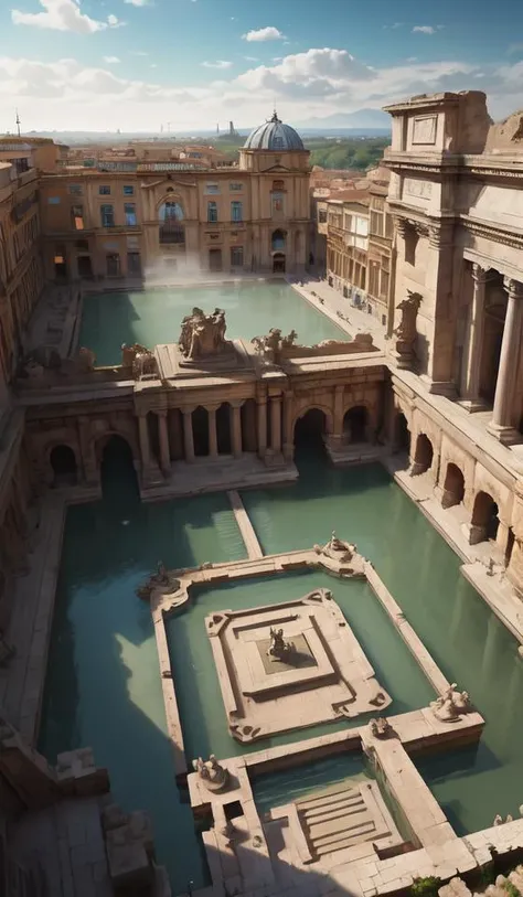 ancient rome square with fontains and sculptures, aerial perspective, depth, roman baths in the background, foggy, cupresses, intricate, paint texture, old masters, caravaggio, repin, solid anatomy, elegant, volumetric lighting, digital painting, highly detailed, artstation, sharp focus, illustration, concept art, steve mccurry, masterpiece, 8 k