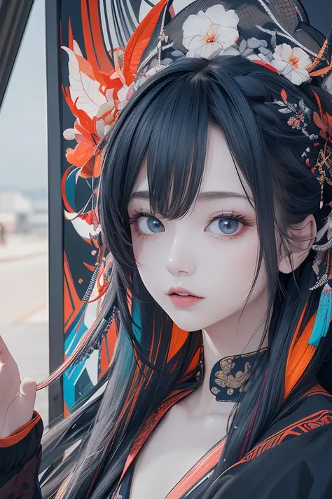 Abstract, 8K, photo shot from front, mid-body portrait, highly-detailed, (flat color:1.1),(colorful:1.3),(masterpiece:1.2), best quality, masterpiece, original, extremely detailed wallpaper, looking at viewer,
oriental architecture,a lot of details,mysterious expression, in a modern and abstract setting, with bold and colorful abstract art, blurred background, bright lighting,
