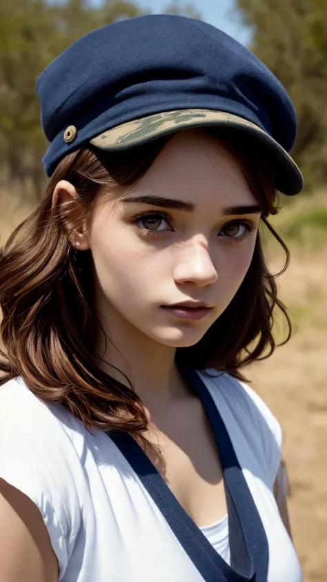 an awarded profesional photography of 1girl  S099_Karina Sarah  , beautiful dark brown eyes,  big hair  auburn messy hair   with headband  with gloves ANC Female Guerilla Fighter (South Africa): Wearing worn-out civilian clothes or military-style uniforms, wearing used hat or bandana, and a faded flag patch of South Africa, with black hair styled short and curly, accompanied by deep brown eyes in an epic South African landscape. with facial expresion  stupid,she make a couple falling in love at a sporting event neck ribbon  in a outdoors, in summer Gregory Crewdson  Diffused Lighting,(epic scene:1.3),ultradetialed character with perfect face,detailed skin,(ultrasharp:1.3),(masterpiece:1.1),best quality AS-YoungV2,(photorealistic:1.2),ultrarealistic,realistic ultradetailed character,4k perfect quality,low-angle shot<lyco:GoodHands-beta2:1>Magnificent,Imperceptible detail,Intricately designed,  (perfect quality face:1.5)  hyper-detailed complex,  very intricate details,  insanely detailed