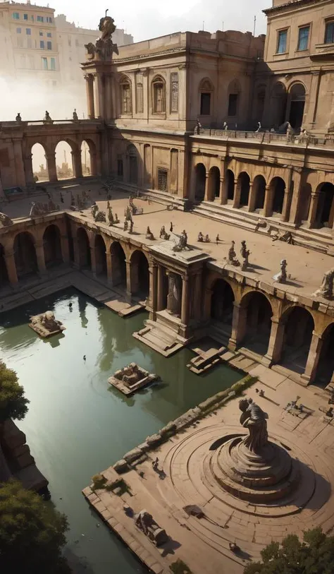 ancient rome square with fontains and sculptures, aerial perspective, depth, roman baths in the background, foggy, cupresses, intricate, paint texture, old masters, caravaggio, repin, solid anatomy, elegant, volumetric lighting, digital painting, highly detailed, artstation, sharp focus, illustration, concept art, steve mccurry, masterpiece, 8 k