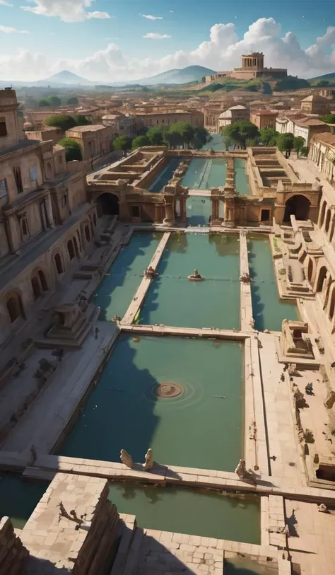 ancient rome square with fontains and sculptures, aerial perspective, depth, roman baths in the background, foggy, cupresses, intricate, paint texture, old masters, caravaggio, repin, solid anatomy, elegant, volumetric lighting, digital painting, highly detailed, artstation, sharp focus, illustration, concept art, steve mccurry, masterpiece, 8 k