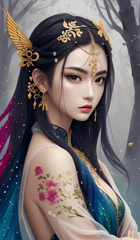 dramatic angle,(fluttered detailed ink splashs), (illustration),(((1 girl))),(long hair),(rain:0.6),(expressionless ,hair ornament:1.4),there is an ancient palace beside the girl,chinese clothes,(focus on), color Ink wash painting,(ink splashing),color splashing,((colorful)),[sketch], Masterpiece,best quality, beautifully painted,highly detailed,(denoising:0.7),[splash ink],yin yang