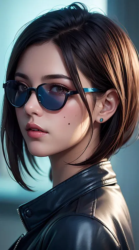 very detailed masterpiece closeup painting of a very beautiful young mexican cyberpunk woman with light blue shutter shades, one side haircut, brown hair with light blue ends, purple leather jacket, beauty mark on cheek, portrait, synthwave background, artstation, concept art by greg rutkowski, <lora:greg_rutkowski_xl_2:1>,