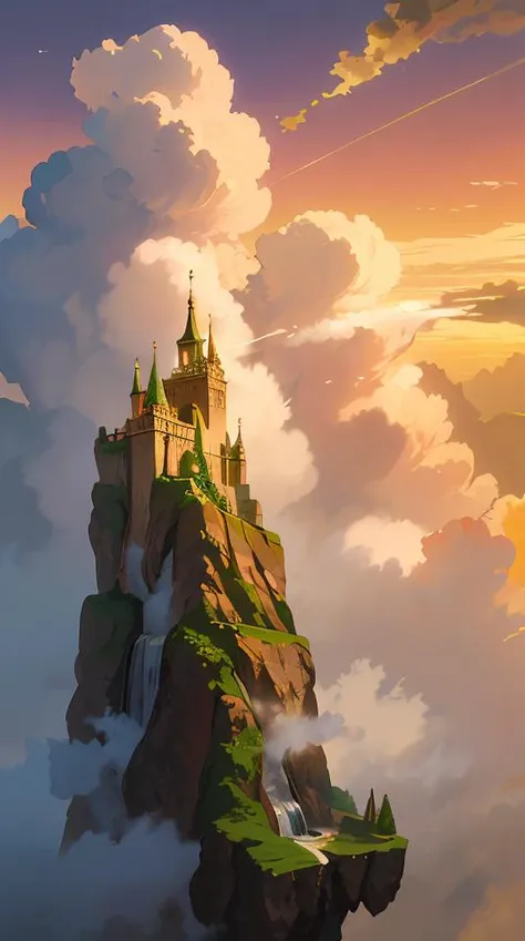 lush and beautiful concept art for rivendell on the mountain and waterfall,smoke and cloudy,fairy world,lord of the rings, peter jackson, studio ghibli, detailed, realistic lighting, volumetric lighting, golden hour,<lora:ghibli_style_offset:1>