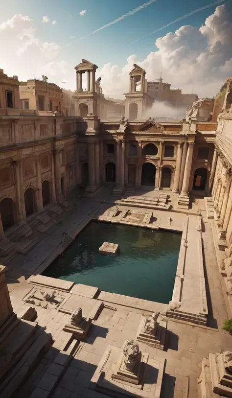 ancient rome square with fontains and sculptures, aerial perspective, depth, roman baths in the background, foggy, cupresses, intricate, paint texture, old masters, caravaggio, repin, solid anatomy, elegant, volumetric lighting, digital painting, highly detailed, artstation, sharp focus, illustration, concept art, steve mccurry, masterpiece, 8 k