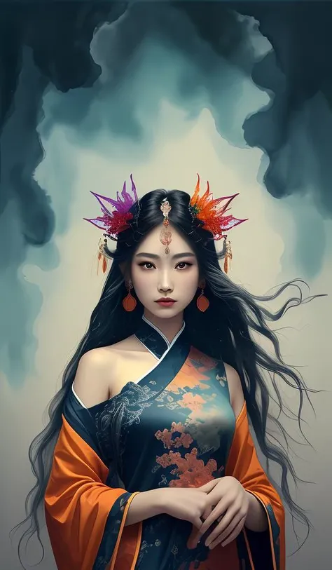 dramatic angle,(fluttered detailed ink splashs), (illustration),(((1 girl))),(long hair),(rain:0.6),(expressionless ,hair ornament:1.4),there is an ancient palace beside the girl,chinese clothes,(focus on), color Ink wash painting,(ink splashing),color splashing,((colorful)),[sketch], Masterpiece,best quality, beautifully painted,highly detailed,(denoising:0.7),[splash ink],yin yang