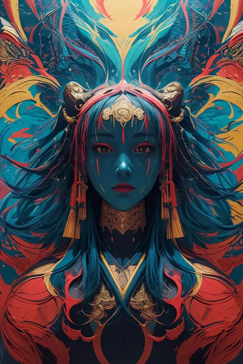 Abstract, 8K, photo shot from front, mid-body portrait, highly-detailed, (flat color:1.1),(colorful:1.3),(masterpiece:1.2), best quality, masterpiece, original, extremely detailed wallpaper, looking at viewer,
oriental city,eastern architecture,a lot of details,mysterious expression, in a modern and abstract setting, with bold and colorful abstract art, blurred background, bright lighting,