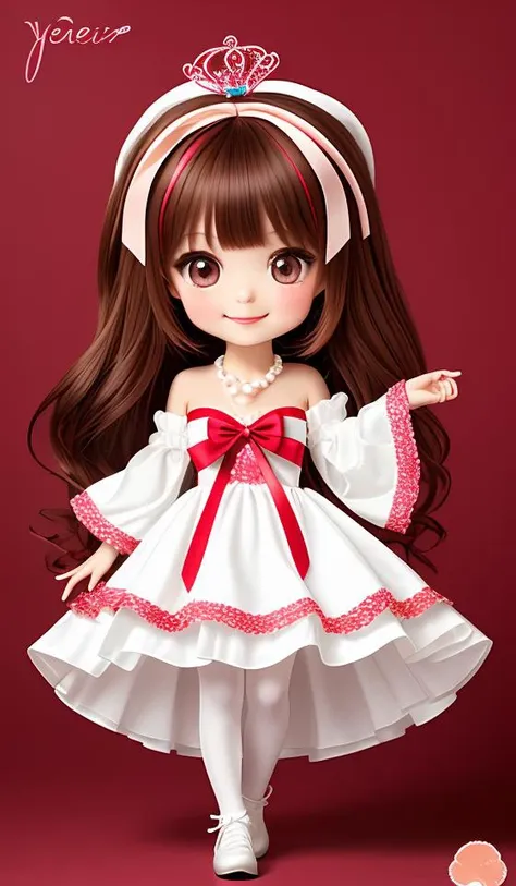 puddingcess_ygo, looking at viewer, blush, smile, hair ornament, long sleeves, bow, jewelry, closed mouth, standing, full body, pantyhose, food, shoes, striped, wide sleeves, blunt bangs, necklace, chibi, red bow, strapless, fruit, white footwear, standing on one leg, tiara, strapless dress, white pantyhose, striped bow, food-themed hair ornament, cherry, brown bow, pearl necklace, food-themed clothes, cherry hair ornament