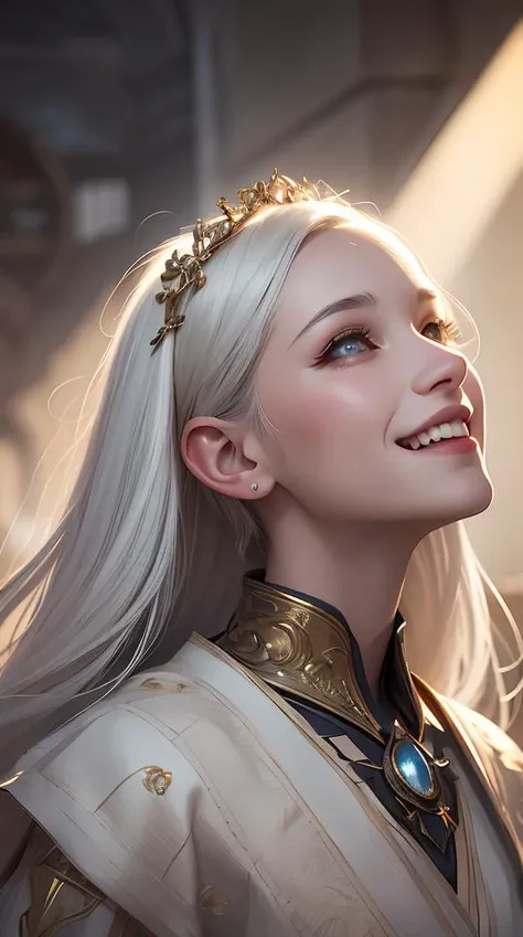 a portrait of a beautiful hopeful lady with pretty eyes, beautiful eyes, beautiful eyes, beautiful eyes, highly detailed eyes, looking up, looking up, light smiling, art of wlop and greg rutkowski, intricate, high details, eyes, epic fantasy art, cgsociety, trending on artstation, bright light masterpiece, ray of light through white hair