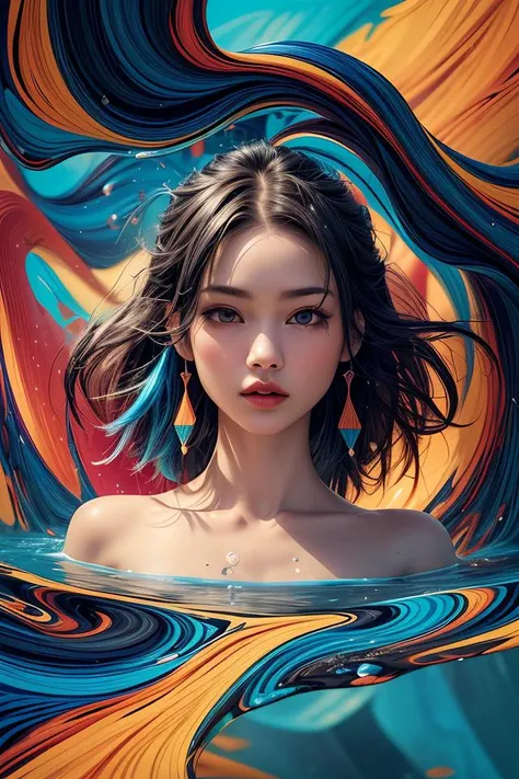 (masterpiece, best quality:1.3), (flat color:1.3),(colorful:1.3),looking at viewer,1girl,solo,floating colorful water,(2D:1.3)