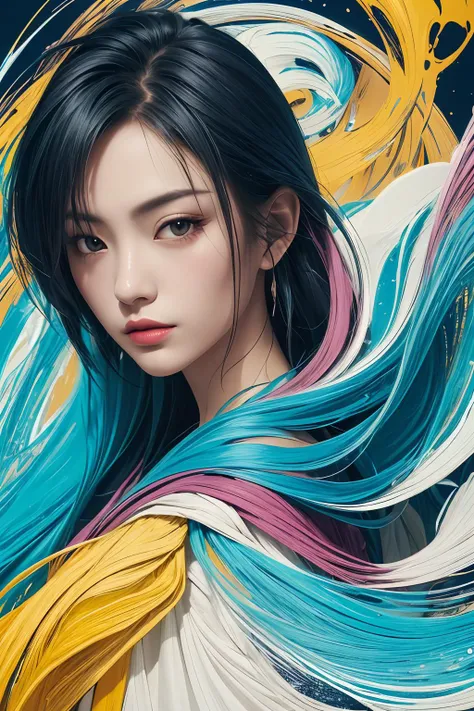 Abstract, 8K, photo shot from front, mid-body portrait, highly-detailed, (flat color:1.1),(colorful:1.3),(masterpiece:1.2), best quality, masterpiece, original, extremely detailed wallpaper, looking at viewer,
DUNHUANG,DUNHUANG_BACKGROUND,a lot of details,mysterious expression, in a modern and abstract setting, with bold and colorful abstract art, blurred background, bright lighting,