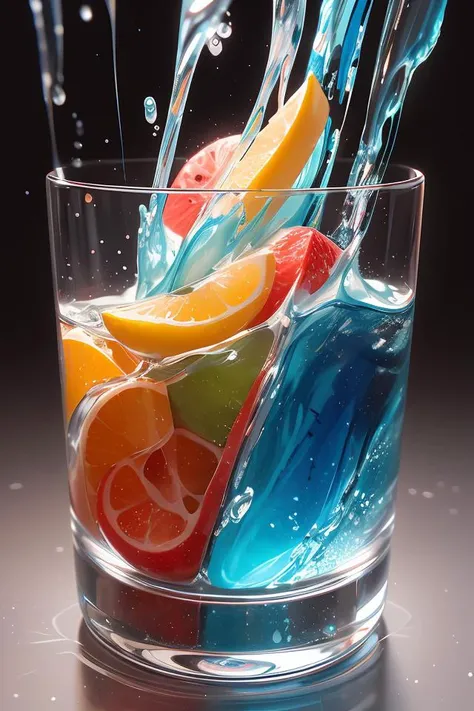 (flat color:1.1),(colorful:1.3),(masterpiece:1.2), best quality, masterpiece, original, extremely detailed wallpaper, looking at viewer,Abstract, 8K, photo shot from front, mid-body portrait, highly-detailed, 
lots of delicious tropical fruits with drops of moisture on table, a lot of details,floating colorful water,, mysterious expression,  in a modern and abstract setting, with bold and colorful abstract art, blurred background, bright lighting,