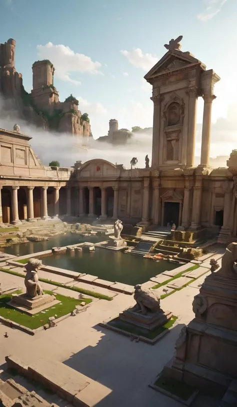 ancient rome square with fontains and sculptures, aerial perspective, depth, roman baths in the background, foggy, cupresses, intricate, paint texture, old masters, caravaggio, repin, solid anatomy, elegant, volumetric lighting, digital painting, highly detailed, artstation, sharp focus, illustration, concept art, steve mccurry, masterpiece, 8 k