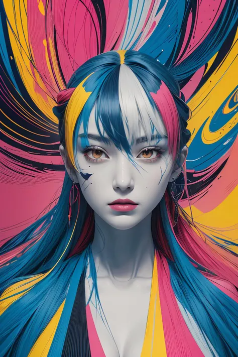 (flat color:1.1),(colorful:1.3),(masterpiece:1.2), best quality, masterpiece, original, extremely detailed wallpaper, looking at viewer,Abstract, 8K, photo shot from front, mid-body portrait, highly-detailed,
1980s \(style\),mysterious expression, in a modern and abstract setting, with bold and colorful abstract art, blurred background, bright lighting,
