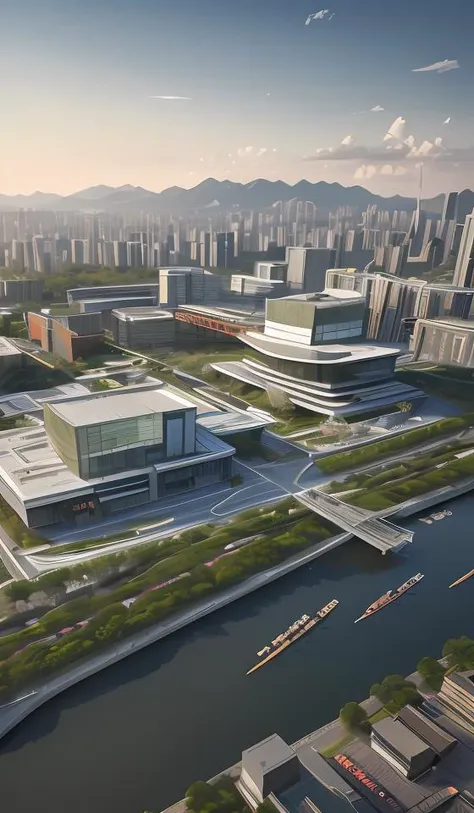 a beautiful rendering of a commercial district near by lake, rolling mountains, (low rise buildings with wood and green roofs near water), designed by SOM and OMA and SASAKI, [[a amazing museum designed by zaha near by water]], Headquarters of the world's top companies designed by apple, beautiful park and landscape in front of water with people activity, [abundant aquatic plants and birds and kayaks in river], [water sports], [[clear sky and sunlight]], [reflection], [[hyper detailed]], architecture rendering , modern architecture, 8k, vray render, [shenzhen China], [sunset], clouds, 35mm photography, urban design, [reality effect], Nature, [regular lines], simple geometry