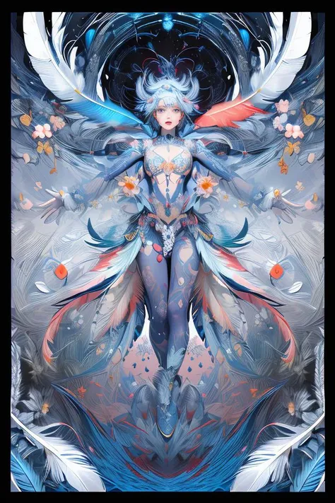 (masterpiece, top quality, best quality, official art, beautiful and aesthetic:1.2), (1girl:1.3), extremely detailed,(fractal art:1.1),(colorful:1.1)(flowers:1.3),highest detailed,(zentangle:1.2), (dynamic pose), (abstract background:1.3), (shiny skin), (many colors:1.4), (feathers:1.5),