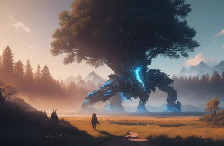 masterpiece, best quality, greg rutkowski, scenery, sky, cloud, twilight, outdoors, tree, weapon, forest, blue sky, fantasy, grass, artwork from horizon zero dawn , very detailed, high resolution, sharp, sharp image, 4k, 8k,