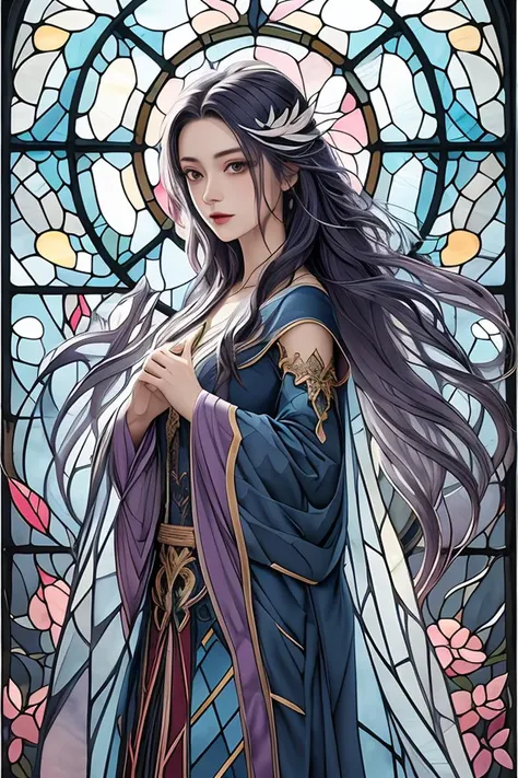 tide play,luxray, split color hair, wind, flying petals, stainedglassai, ornamental, intricate details, dufkova, 2d, lineart, watercolor, ink watercolor, random color hair, super long hair, wavy, 1girl,alraune,flower, alraune,