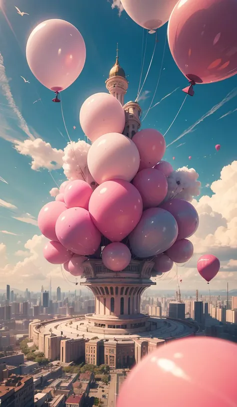 giant pink balloon,cities floating on balloons,magnificent clouds,pink theme,