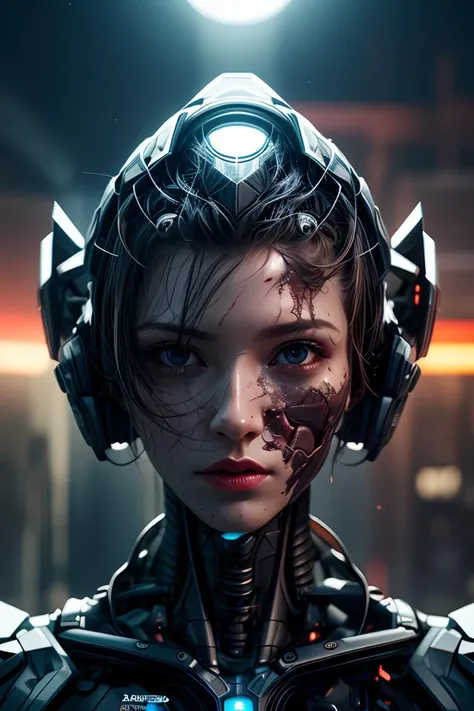 a cyborg robot, lights, scars, refractions, posing, ultradetailed, HD, 8K, highlights, good lighting, the most amazing effect, sci-fi,((art by carne griffiths and sean yoro)). abstract dream, space, intricate, grand scale, alone, cinematic film still, insane detail, sharp focus, depth of field, realistic lighting, (realistic perspective), complex, (multiple subjects), 4k HDR,<lora:add_detail:0.5>,<lora:more_details:0.25>,<lora:FantasyWorldV1:0.25>,
