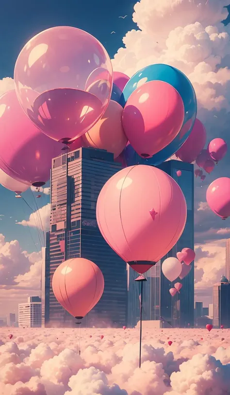 giant pink balloon,cities floating on balloons,magnificent clouds,pink theme,