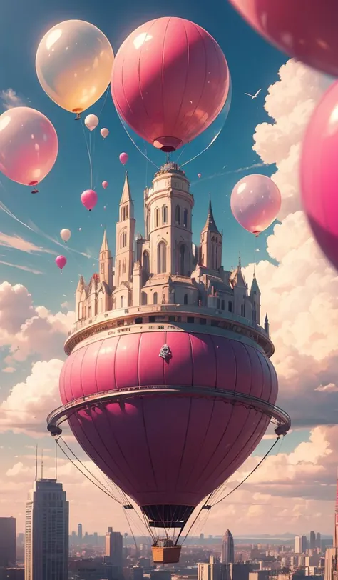 giant pink balloon,cities floating on balloons,magnificent clouds,pink theme,