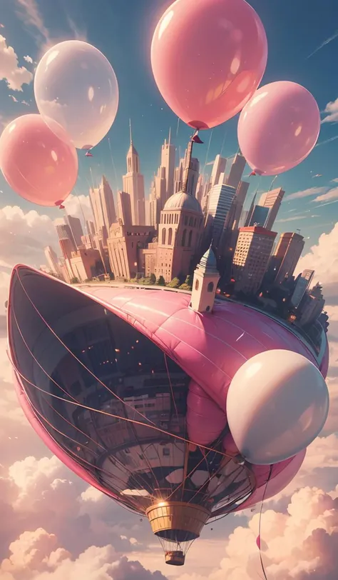 giant pink balloon,cities floating on balloons,magnificent clouds,pink theme,