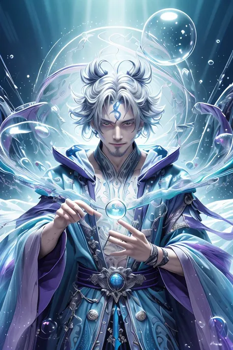 (masterpiece, top quality, best quality, official art, beautiful and aesthetic:1.2), extreme detailed, (abstract:1.2), (zentangle:1.2), visual chaos, captivating patterns, creative experimentation, highest detailed, <hypernet:sxzBloom_sxzBloom:0.1> (1man, old male:1.2), frail, grey-blue eyes, white hair, fade with goatee, solo, half shot, looking down, detailed background, detailed face, (<lora:Neonpunkai-8:0.4>, Neonpunkai, neon theme:1.1), bubble-mage, smiling, dynamic pose, colorful sorcerer robes, surrounded by magical purple bubbles, rainbow, wisps of magic, floating sparkling particles, glowing bubbles, swirling bubbles, mystical, bubbles in background, bright colorful lighting, whirlwind, jovial magical atmosphere,