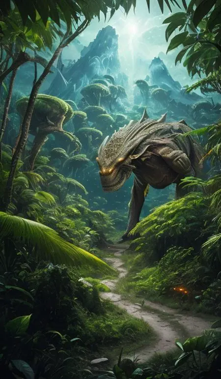 Highly detailed cinematic film still, wide angle landscape shot, otherworldly dark fantasy jungle world,villages, creatures, (lush vegetation), (mountains:1.1), (god rays:0.4), dense alien jungle, toned body, (highly detailed, hyperdetailed, intricate), (lens flare:0.4), (bloom:0.5), particle effects, cinematic lighting, (soft lighting:0.6), prominent projected shadows, deep depth of field, (film grain:0.5), photographed on a Leica SL (Typ 601) Mirrorless Digital Camera, 50mm wide angle lens, F2.8 aperture, deep focus, (RAW), cinematic film still from Avatar,<lora:nebula:0.2>, <lora:Nebulae:0.2>,