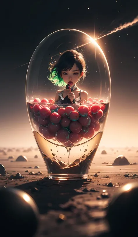 blowing bubble gum, green bubble gum,young girl, abstract dream, space, intricate, grand scale, alone, cinematic film still, insane detail, sharp focus, depth of field, realistic lighting, (realistic perspective), complex, (multiple subjects), 4k HDR,