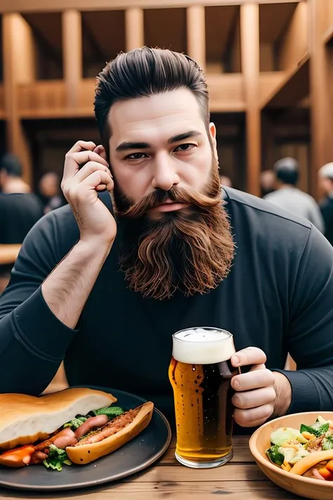 beard man,lunch,eating a lot,drinking beer,yami,