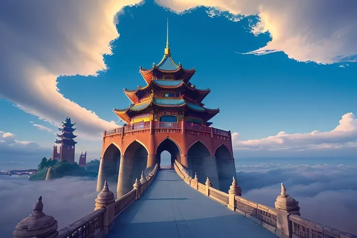 8k high quality, detailed, colorful analog photo, masterpiece, photorealistic, vibrant color film, masterclass, heavy (film grain), Fujicolor 400, Nikon F401,DUNGHUANG,DUNGHUANG BACKGROUND,on the sky,on the clouds,Fairyland, surrounded by clouds and smoke, oriental palace bridge, monster,