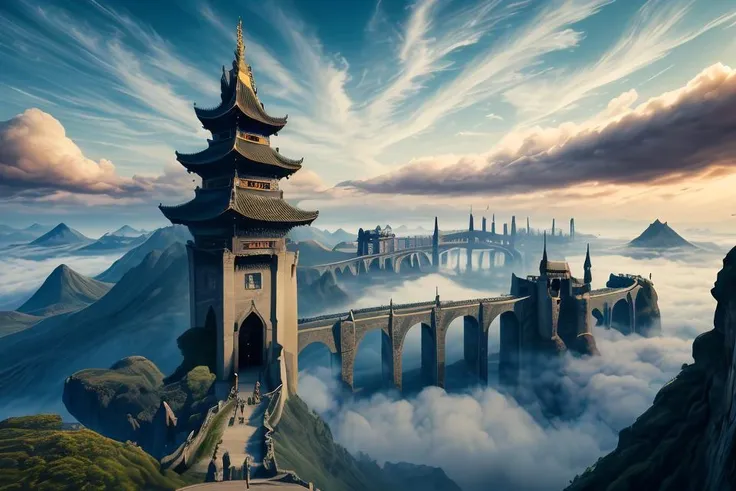 DUNGHUANG,DUNGHUANG BACKGROUND,on the sky,on the clouds,Fairyland, surrounded by clouds and smoke, oriental palace bridge, monster,
abstract dream, space, intricate, grand scale, alone, cinematic film still, insane detail, sharp focus, depth of field, realistic lighting, (realistic perspective), complex, (multiple subjects), 4k HDR,
<lora:add_detail:0.5> <lora:more_details:0.25> <lora:FantasyWorldV1:0.25>