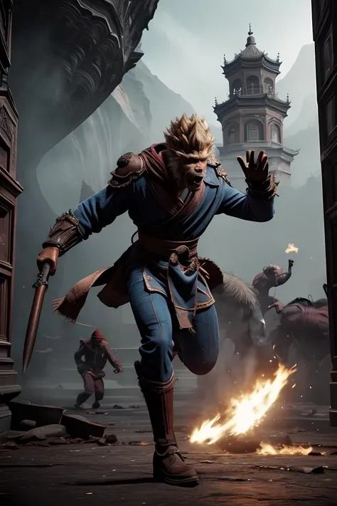 DUNHUANG,DUNHUANG BACKGROUND,
<lora:BlackMonkeyKing_v01:0.5>, black monkey king,1boy,solo,robe,hood up, beating monsters,holding weapon,
<lora:Hyakuretsukyaku-10:0.7> Hyakuretsukyaku, kicking, motion blur,
evenly mix races in same proportions, all faces and pictures must be different, use all spectre of your different emotions from happiness to anger, do what you want and how you want,
abstract dream, space, intricate, grand scale, alone, cinematic film still, insane detail, sharp focus, depth of field, realistic lighting, (realistic perspective), complex, (multiple subjects), 4k HDR,
<lora:add_detail:0.5> <lora:more_details:0.25> <lora:FantasyWorldV1:0.25>