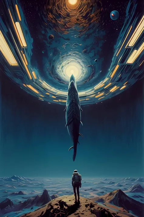 "realistic detailed image of an cosmonaut alone in the tundra next to whale skeleton in the style of Francis Bacon, Surreal, Norman Rockwell and James Jean, Greg Hildebrandt, and Mark Brooks, triadic color scheme, By Greg Rutkowski, in the style of Francis Bacon and Syd Mead and Edward Hopper and Norman Rockwell and Beksinski, open ceiling, highly detailed, painted by Francis Bacon, painted by James Gilleard, surrealism, airbrush, Ilya Kuvshinov, WLOP, Stanley Artgerm, very coherent, art by Takato Yamamoto and James Jean"
abstract dream, space, intricate, grand scale, alone, cinematic film still, insane detail, sharp focus, depth of field, realistic lighting, (realistic perspective), complex, (multiple subjects), 4k HDR,
<lora:add_detail:0.5> <lora:more_details:0.25> <lora:FantasyWorldV1:0.25>