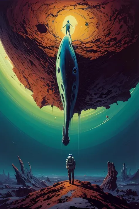 "realistic detailed image of an cosmonaut alone in the tundra next to whale skeleton in the style of Francis Bacon, Surreal, Norman Rockwell and James Jean, Greg Hildebrandt, and Mark Brooks, triadic color scheme, By Greg Rutkowski, in the style of Francis Bacon and Syd Mead and Edward Hopper and Norman Rockwell and Beksinski, open ceiling, highly detailed, painted by Francis Bacon, painted by James Gilleard, surrealism, airbrush, Ilya Kuvshinov, WLOP, Stanley Artgerm, very coherent, art by Takato Yamamoto and James Jean"
abstract dream, space, intricate, grand scale, alone, cinematic film still, insane detail, sharp focus, depth of field, realistic lighting, (realistic perspective), complex, (multiple subjects), 4k HDR,
<lora:add_detail:0.5> <lora:more_details:0.25> <lora:FantasyWorldV1:0.25>