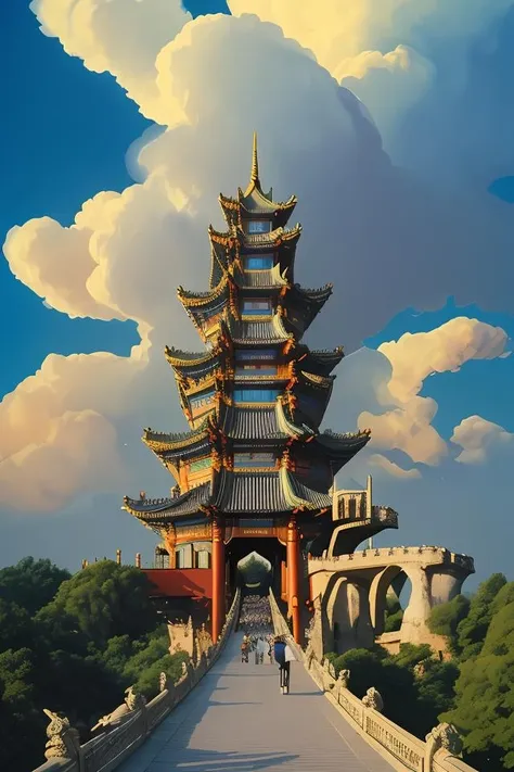 8k high quality, detailed, colorful analog photo, masterpiece, photorealistic, vibrant color film, masterclass, heavy (film grain), Fujicolor 400, Nikon F401,DUNGHUANG,DUNGHUANG BACKGROUND,on the sky,on the clouds,Fairyland, surrounded by clouds and smoke, oriental palace bridge, monster,