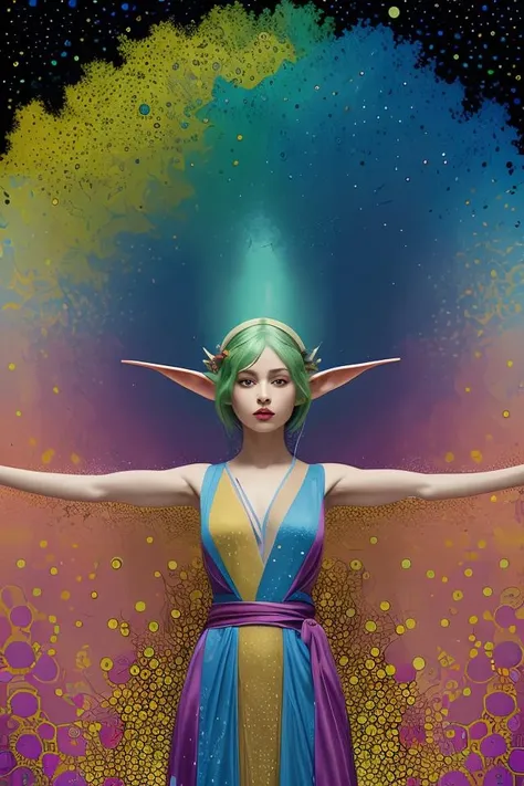 [Beautiful elf princess wearing amazing colorful silk robes:abstract background:0.9], explosive pose, expressionism, digital art, colorful background, absurdist, highly detailed, (brush strokes:1.1), (acrylic paint:1.1), pointilism, muted colors, by satoshi kon, by alphonse mucha, by raphael,
abstract dream, space, intricate, grand scale, alone, cinematic film still, insane detail, sharp focus, depth of field, realistic lighting, (realistic perspective), complex, (multiple subjects), 4k HDR,