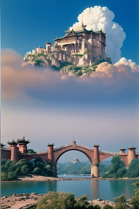 8k high quality, detailed, colorful analog photo, masterpiece, photorealistic, vibrant color film, masterclass, heavy (film grain), Fujicolor 400, Nikon F401,DUNGHUANG,DUNGHUANG BACKGROUND,on the sky,Fairyland, surrounded by clouds and smoke, oriental palace bridge, monster,
