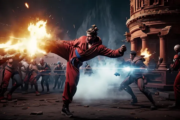 DUNHUANG,DUNHUANG BACKGROUND,
<lora:BlackMonkeyKing_v01:0.5>, black monkey king,1boy,solo,robe,hood up, beating monsters,holding weapon,
<lora:Hyakuretsukyaku-10:0.7> Hyakuretsukyaku, kicking, motion blur,
evenly mix races in same proportions, all faces and pictures must be different, use all spectre of your different emotions from happiness to anger, do what you want and how you want,
abstract dream, space, intricate, grand scale, alone, cinematic film still, insane detail, sharp focus, depth of field, realistic lighting, (realistic perspective), complex, (multiple subjects), 4k HDR,
<lora:add_detail:0.5> <lora:more_details:0.25> <lora:FantasyWorldV1:0.25>