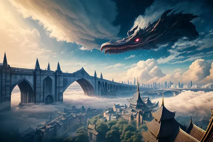 DUNGHUANG,DUNGHUANG BACKGROUND,on the sky,on the clouds,Fairyland, surrounded by clouds and smoke, oriental palace bridge, monster,
abstract dream, space, intricate, grand scale, alone, cinematic film still, insane detail, sharp focus, depth of field, realistic lighting, (realistic perspective), complex, (multiple subjects), 4k HDR,
<lora:add_detail:0.5> <lora:more_details:0.25> <lora:FantasyWorldV1:0.25>