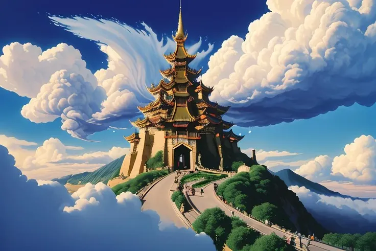 8k high quality, detailed, colorful analog photo, masterpiece, photorealistic, vibrant color film, masterclass, heavy (film grain), Fujicolor 400, Nikon F401,DUNGHUANG,DUNGHUANG BACKGROUND,on the sky,on the clouds,Fairyland, surrounded by clouds and smoke, oriental palace bridge, monster,