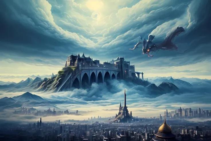 DUNGHUANG,DUNGHUANG BACKGROUND,on the sky,on the clouds,Fairyland, surrounded by clouds and smoke, oriental palace bridge, monster,
abstract dream, space, intricate, grand scale, alone, cinematic film still, insane detail, sharp focus, depth of field, realistic lighting, (realistic perspective), complex, (multiple subjects), 4k HDR,
<lora:add_detail:0.5> <lora:more_details:0.25> <lora:FantasyWorldV1:0.25>